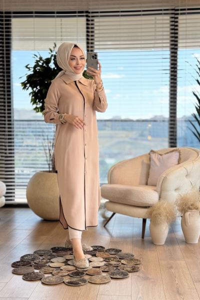 2546 Kombinli Tencel Şanel Pardesü Bej