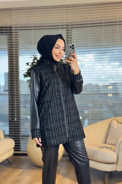 25552 Kare Desenli Kolları Derili Ceket Siyah