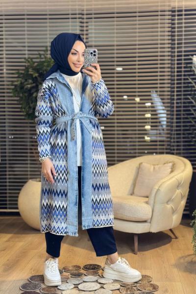 25560 Renkli Uzun Kot Triko Hırka Mavi Saks