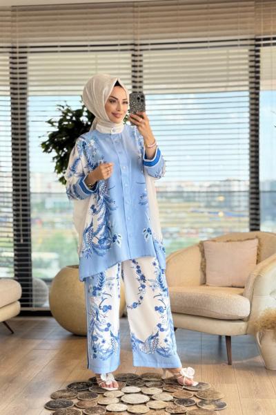 2563 Çiçek Ve Kuş Desenli Takım Ekru Mavi