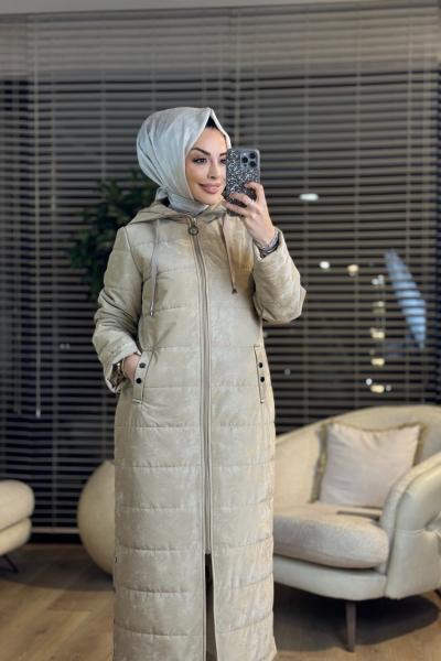 2565 Batik Kapitone Kapşonlu Uzun Kaban Bej