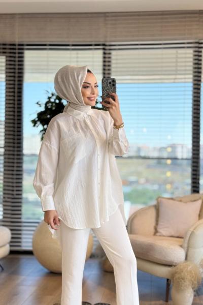 2570 Sim Çizgili Gömlek Ekru