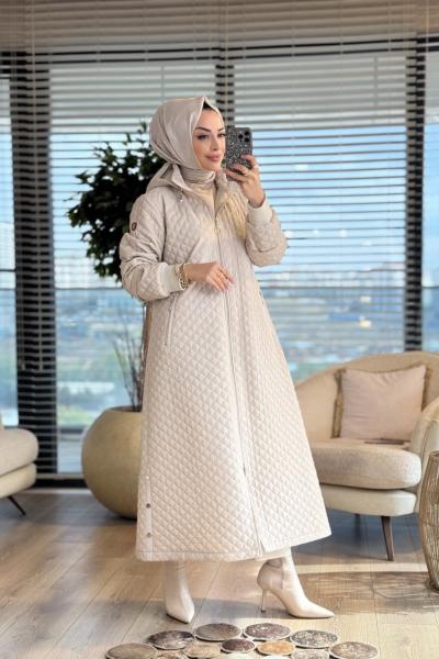 2578 Kraş Kapitoneli Kapşonlu Kaban Bej