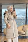 2582 Kombinli Kapitone Kapşonu Kürklü Kaban Bej