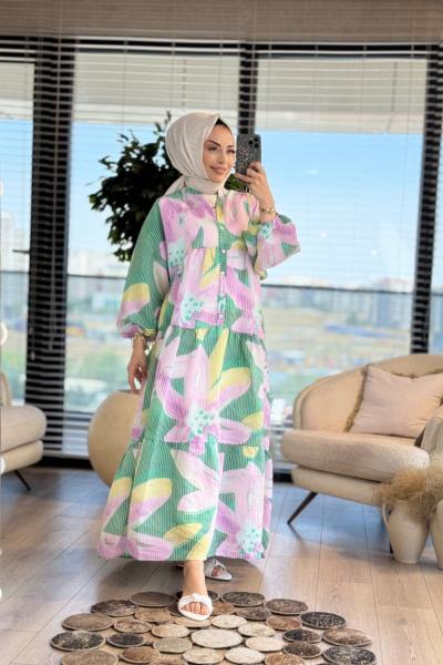 25EL489 Gofre Kendinden Çizgili Elbise Benetton