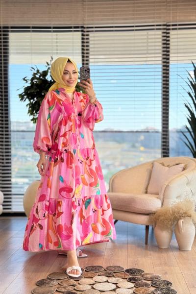 25EL538 Desenli V Yaka Düğmeli Elbise Pembe