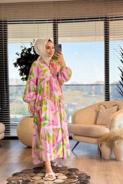 25EL568 Renkli Tüy Desenli Elbise Fuşya