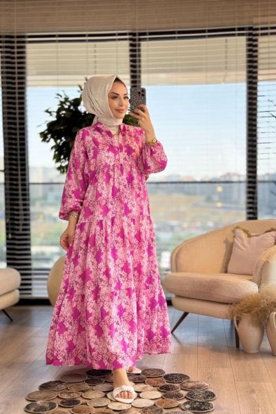 25EL570 Kasımpatı Çiçekli Elbise Fuşya