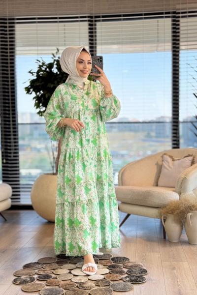 25EL570 Kasımpatı Çiçekli Elbise Yeşil