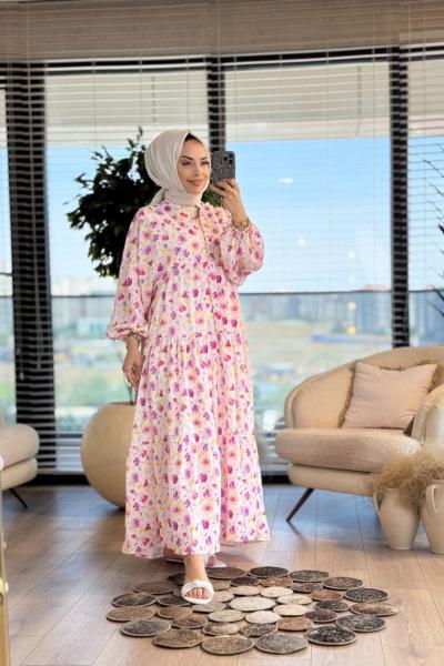 25EL577 Sardunya Çiçek Elbise Fuşya
