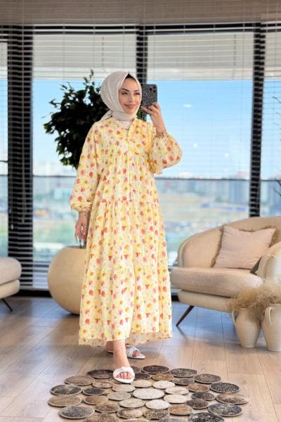 25EL577 Sardunya Çiçek Elbise Sarı