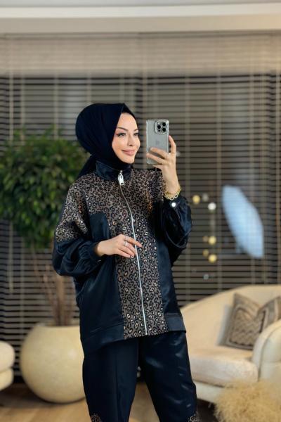 25K1021 Ön Leopar Parça Detaylı Takım Siyah