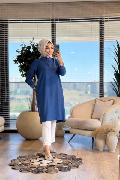 25YT433 Patı Fermuarlı Yaka Kol Ribanalı Tunik İndigo