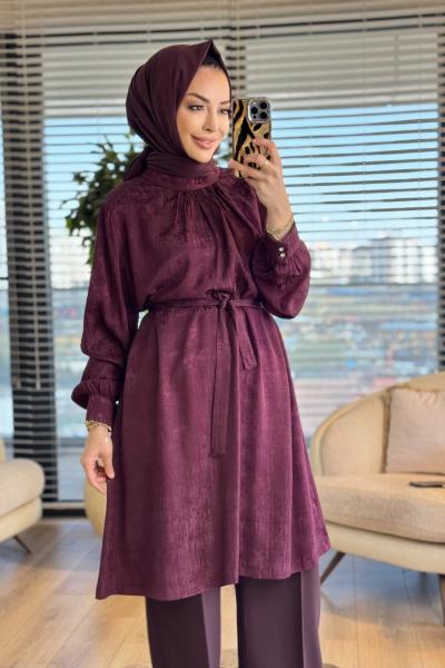 26010 Leylak Jakarlı Tunik Bordo
