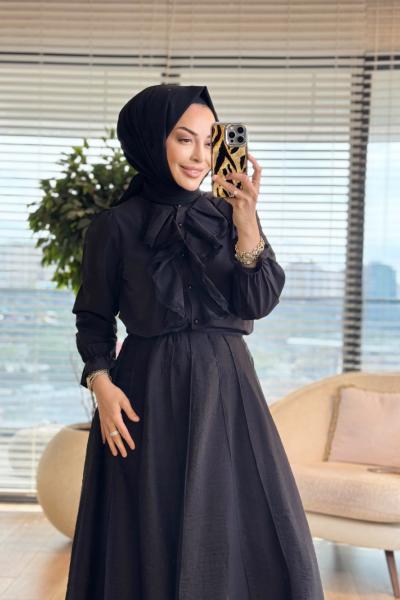 260133 Fırfır Yaka Dantel İşlemeli Gömlek Siyah