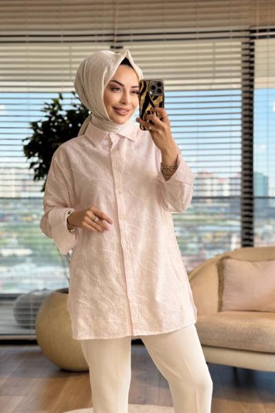 260142 Çiçek Nakış Desenli Trend Gömlek Pembe