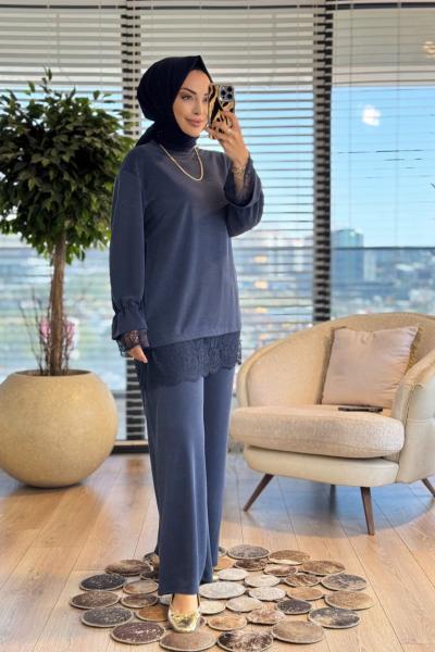 260154 Zarif Etek Ucu Dantelli Takım Lacivert