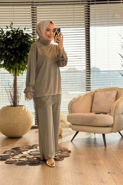 260154 Zarif Etek Ucu Dantelli Takım Haki