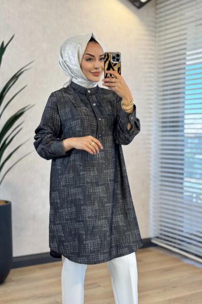 26016 Desen Üstü Taş Baskılı Tunik Siyah Kare