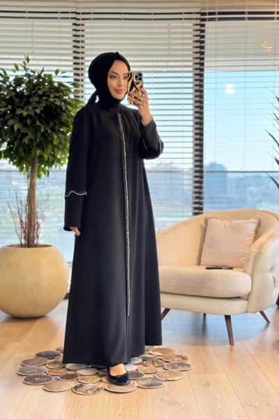 2613 Çift Kollu Taşlı Pardesü Siyah