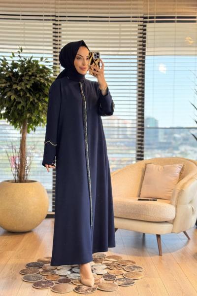 2613 Çift Kollu Taşlı Pardesü Lacivert