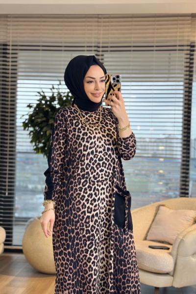 26212 Elmas Leopar Elbise Siyah Kahve