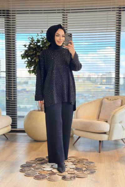 26240 Simli Triko Üstü Taş Baskılı Takım Siyah