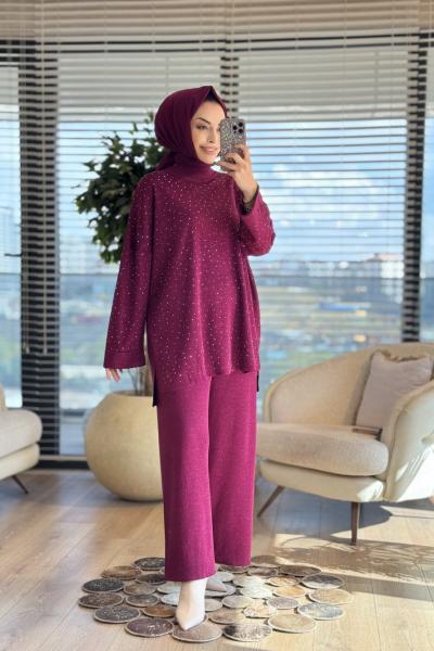 26240 Simli Triko Üstü Taş Baskılı Takım Bordo