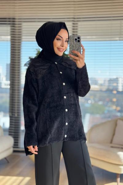 2637 Angora Dantel Yaka Uzun Hırka Siyah
