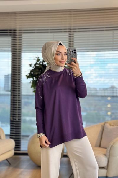 264 Omuzu Taşlı Yaprak Desenli Triko Tunik Mürdüm