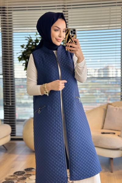 26450 Petek Desen Cebi Fermuarlı Yelek Lacivert