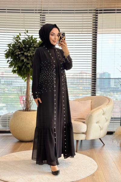 26666 Elbise Üstü Abaya İnci İşli 2li Takım Siyah