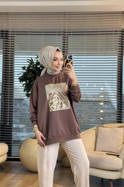 2695  Baskısı Pul Detaylı Sweatshırt Toprak