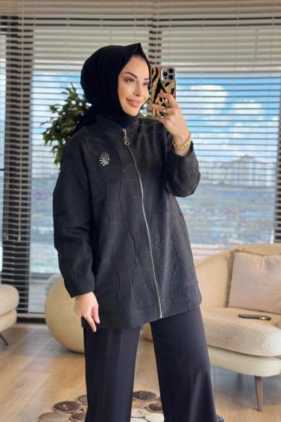 26YT428 Kendinden Desenli Broşlu Ceket Siyah