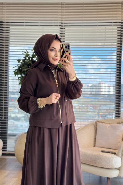 26YT621 Ön Cep Ve Fermuarlı Etekli Takım Kahve