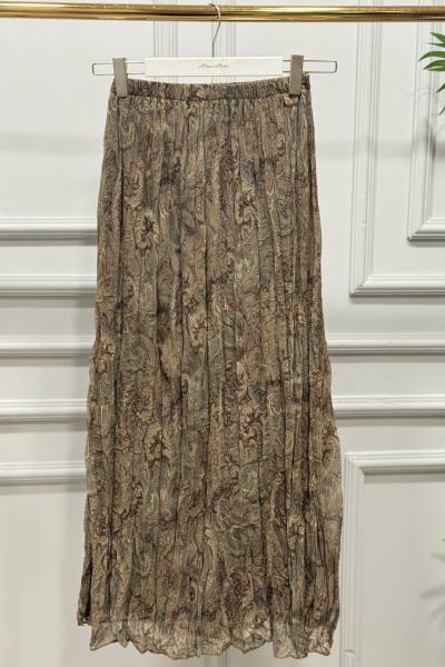 27032 Şifon Şal Desenli Kırışık Etek Haki