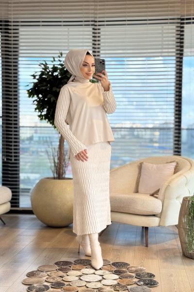 271 Mandal Desenli Triko Etekli Takım Bej