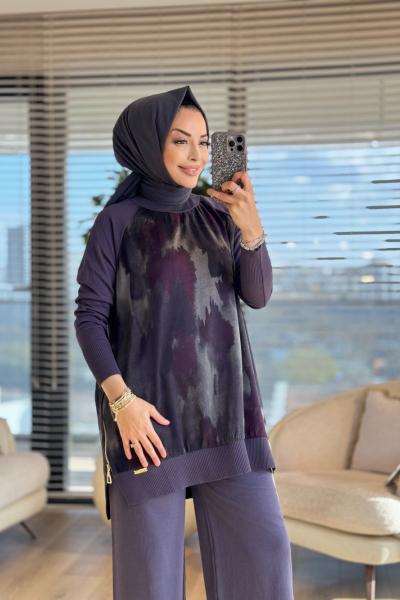 279 Kolları Kumaş Desenli Triko Tunik Antrasit