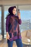 279 Kolları Kumaş Desenli Triko Tunik Mürdüm