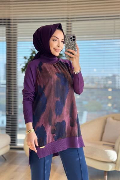 279 Kolları Kumaş Desenli Triko Tunik Mürdüm