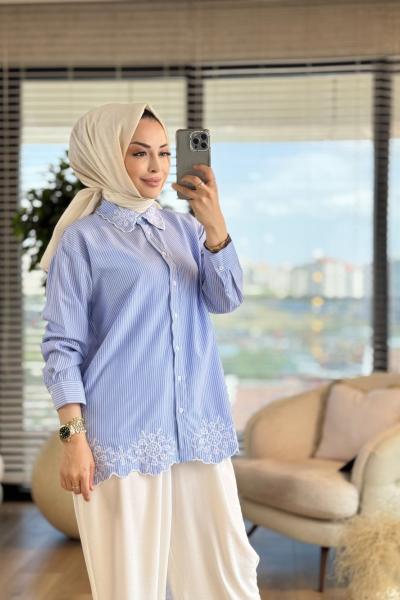 2795 Yakası Ve Etek Ucu Nakışlı Gömlek Mavi