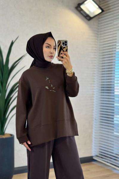 27QW1000 Önü Kuş Nakışlı Sweat Kahve