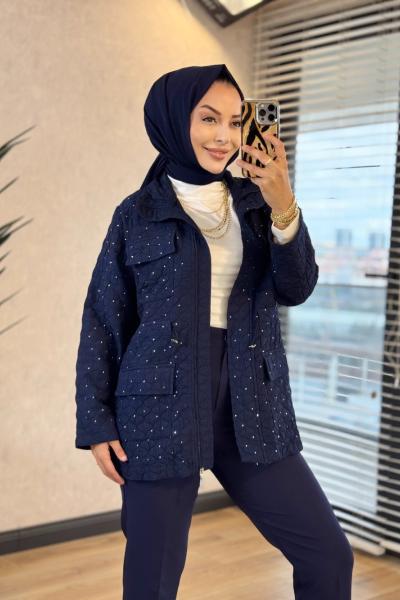 27QW6001 Kapitone Üstü Taşlı Kap Lacivert