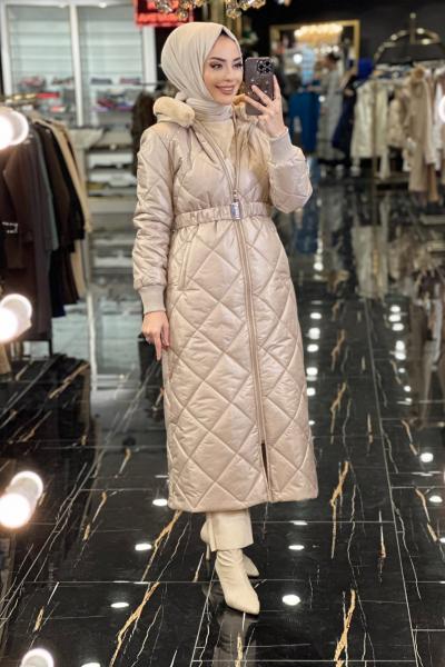 28-1035 Baklava desen Kapşonu Kürklü Şişme Kaban Açık Bej