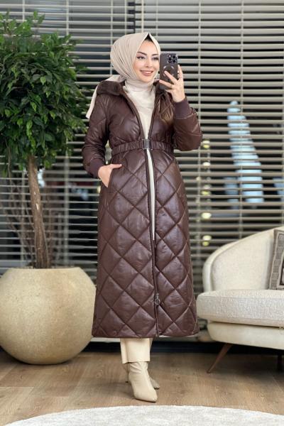 28-1035 Baklava desen Kapşonu Kürklü Şişme Kaban Kahverengi