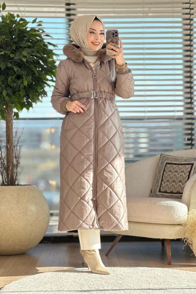 28-1035 Baklava desen Kapşonu Kürklü Şişme Kaban Vizon