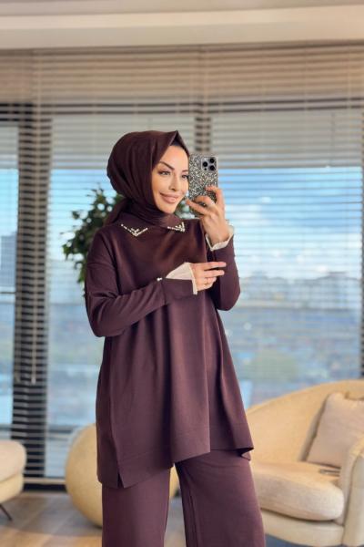 280 Kolu Dantelli Yaka Taşlı Triko Tunik Kahve