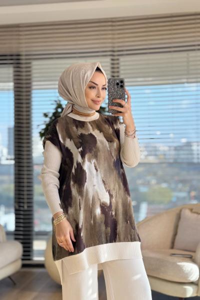 281 Kupra Desenli Tunik Bej