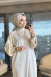 282 Ön Arka V Örgülü Kolları Kupra Elbise Bej