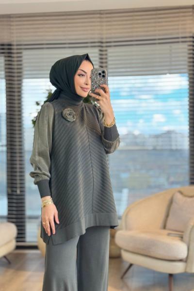 285 Kolları Kumaş Güllü Tunik Haki